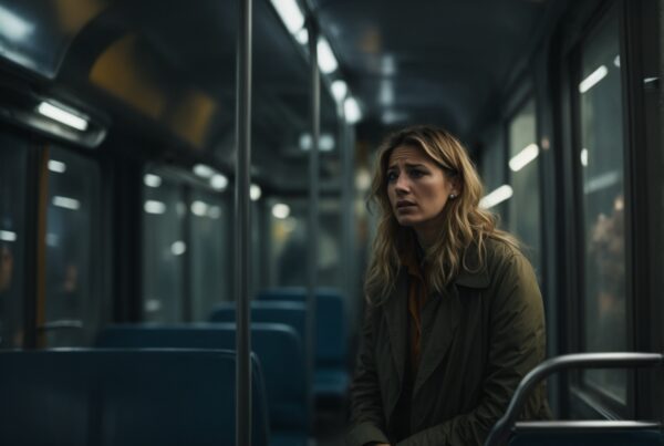 Scared woman travelling alone in a bus