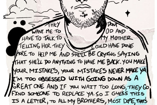 An illustrated portrait of Mac Miller done over torn pieces of paper. The sad image of a dead bird sits at the bottom of him and lyrics from his song 'Godspeed' are written within his clothes.