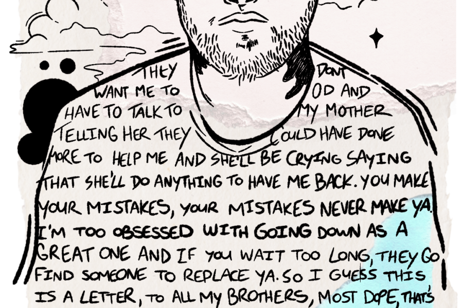 An illustrated portrait of Mac Miller done over torn pieces of paper. The sad image of a dead bird sits at the bottom of him and lyrics from his song 'Godspeed' are written within his clothes.