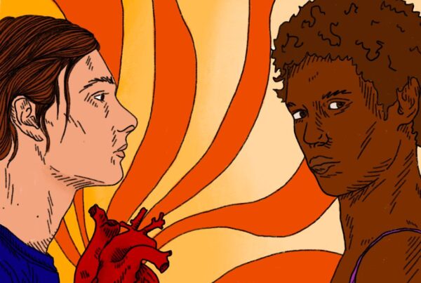 A friendship between two people depicted over a heart. One makes eye contact the other looks away