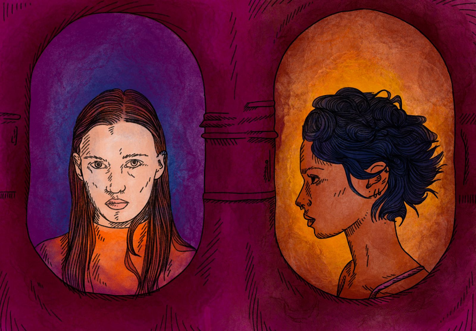 A friendship between two people depicted One makes eye contact the other looks away